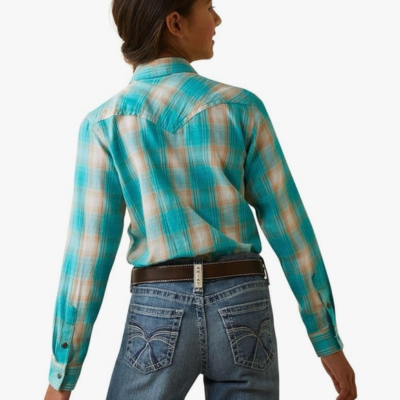 Ariat Girls Turquoise Plaid Western Snap Collard Neck Long Sleeve Shirt. NEW XXL - Picture 2 of 9